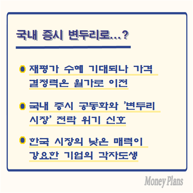재평가 수혜 기대되나 가격 결정력은 월가로 이전, 국내 증시 공동화와 '변두리 시장' 전락 위기 신호, 한국 시장의 낮은 매력이 강요한 기업의 각자도생