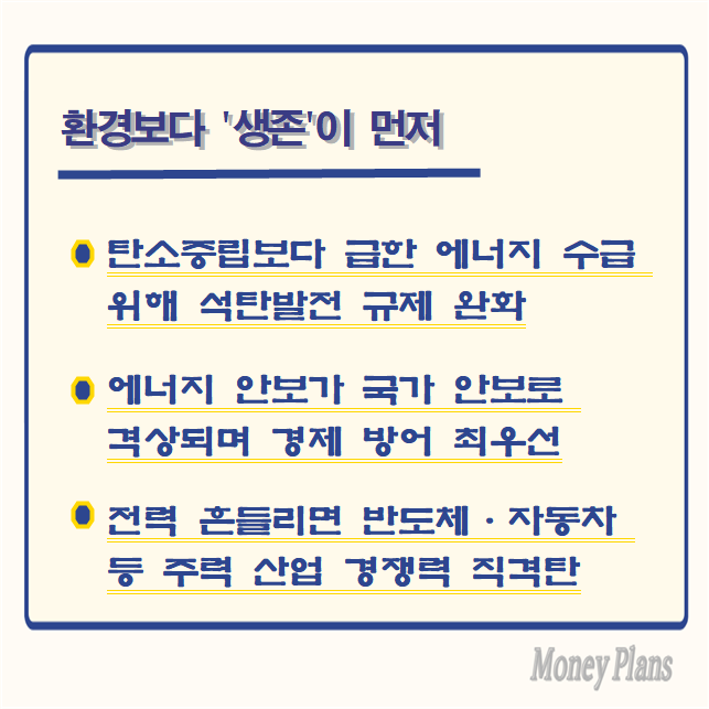 탄소중립보다 급한 에너지 수급 위해 석탄발전 규제 완화, 에너지 안보가 국가 안보로 격상되며 경제 방어 최우선, 전력 흔들리면 반도체·자동차 등 주력 산업 경쟁력 직격탄
