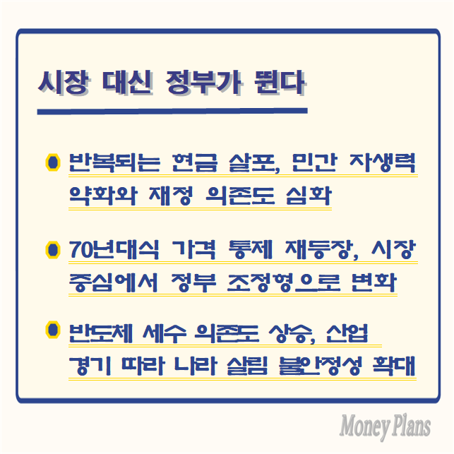 반복되는 현금 살포, 민간 자생력 약화와 재정 의존도 심화, 70년대식 가격 통제 재등장, 시장 중심에서 정부 조정형으로 변화, 반도체 세수 의존도 상승, 산업 경기 따라 나라 살림 불안정성 확대