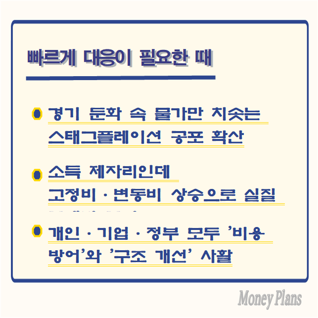 경기 둔화 속 물가만 치솟는 스태그플레이션 공포 확산, 소득 제자리인데 고정비·변동비 상승으로 실질 구매력 급감, 개인·기업·정부 모두 '비용 방어'와 '구조 개선' 사활