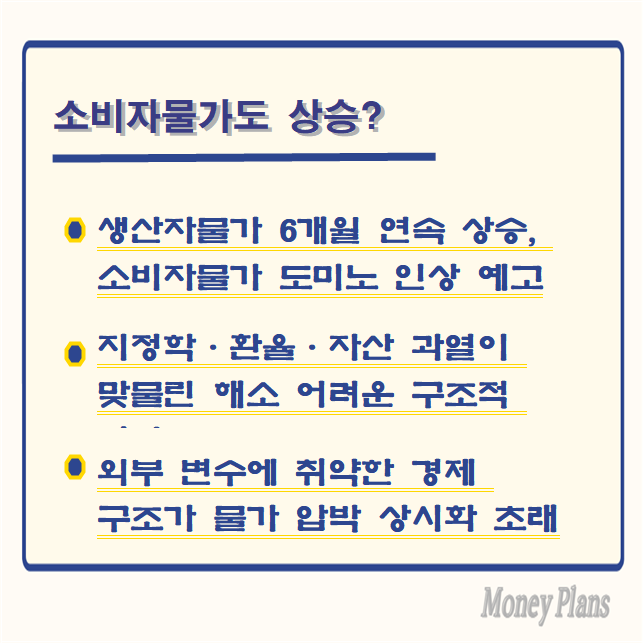 생산자물가 6개월 연속 상승, 소비자물가 도미노 인상 예고, 지정학·환율·자산 과열이 맞물린 해소 어려운 구조적 위기, 외부 변수에 취약한 경제 구조가 물가 압박 상시화 초래