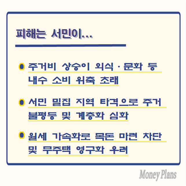 주거비 상승이 외식·문화 등 내수 소비 위축 초래, 서민 밀집 지역 타격으로 주거 불평등 및 계층화 심화, 월세 가속화로 목돈 마련 차단 및 무주택 영구화 우려