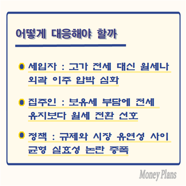 세입자: 고가 전세 대신 월세나 외곽 이주 압박 심화, 집주인: 보유세 부담에 전세 유지보다 월세 전환 선호, 정책: 규제와 시장 유연성 사이 균형 실효성 논란 증폭