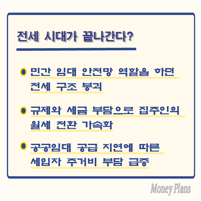 민간 임대 안전망 역할을 하던 전세 구조 붕괴, 규제와 세금 부담으로 집주인의 월세 전환 가속화, 공공임대 공급 지연에 따른 세입자 주거비 부담 급증