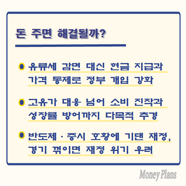 유류세 감면 대신 현금 지급과 가격 통제로 정부 개입 강화, 고유가 대응 넘어 소비 진작과 성장률 방어까지 다목적 추경, 반도체·증시 호황에 기댄 재정, 경기 꺾이면 재정 위기 우려