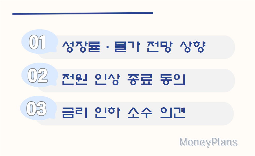 연준 금리 전망 변화 : 성장률·물가 전망 상향, 전원 인상 종료 동의, 금리 인하 소수 의견