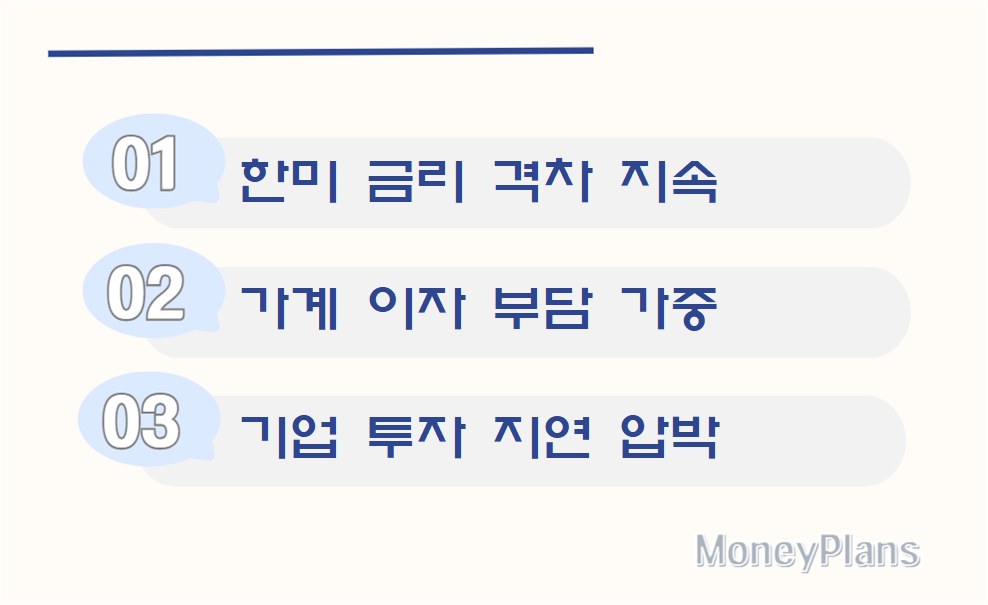 한미 금리 동조화 영향 : 한미 금리 격차 지속, 가계 이자 부담 가중, 기업 투자 지연 압박