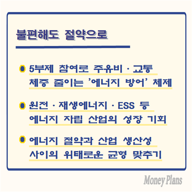 5부제 참여로 주유비·교통 체증 줄이는 '에너지 방어' 체제, 원전·재생에너지·ESS 등 에너지 자립 산업의 성장 기회, 에너지 절약과 산업 생산성 사이의 위태로운 균형 맞추기