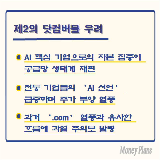 AI 핵심 기업으로의 자본 집중이 공급망 생태계 재편, 전통 기업들의 ‘AI 선언’급증하며 주가 부양 열풍, 과거 ‘.com’ 열풍과 유사한 흐름에 과열 주의보 발령