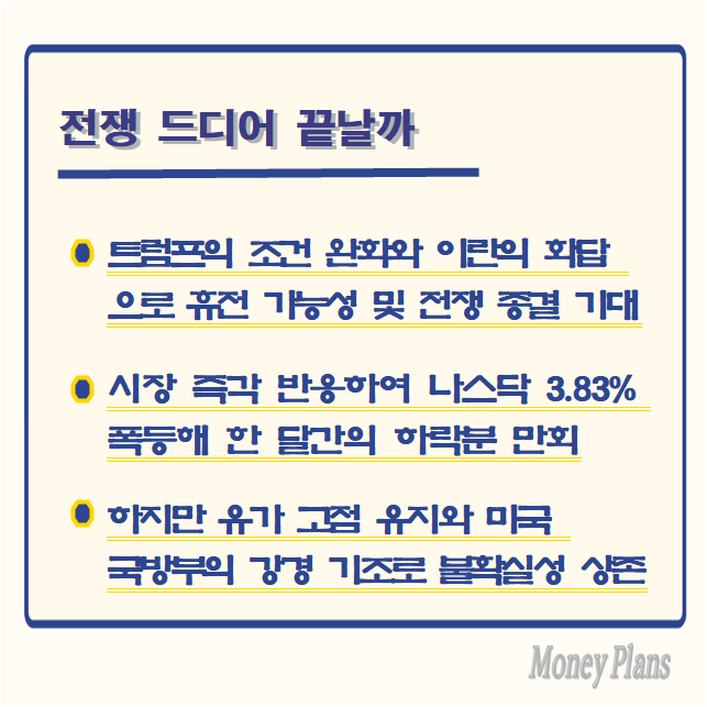 트럼프의 조건 완화와 이란의 화답으로 휴전 가능성 및 전쟁 종결 기대, 시장은 즉각 반응하여 나스닥 3.83% 폭등해 한 달간의 하락분 단숨에 만회, 하지만 유가 고점 유지와 미 국방부의 강경 기조로 불확실성 상존