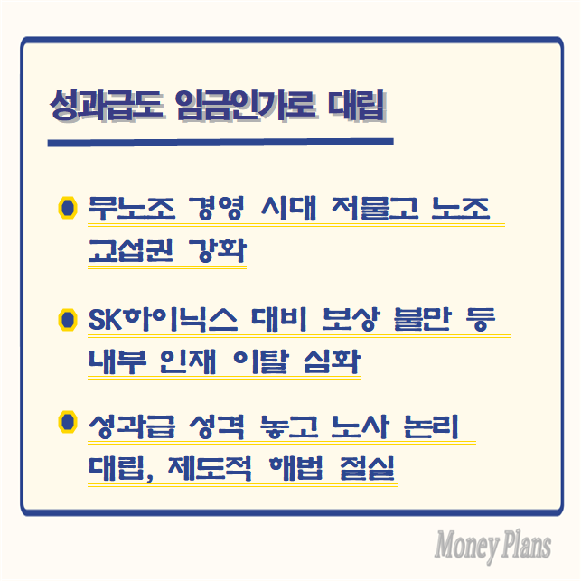 무노조 경영 시대 저물고 노조 교섭권 강화, SK하이닉스 대비 보상 불만 등 내부 인재 이탈 심화, 성과급 성격 놓고 노사 논리 대립, 제도적 해법 절실