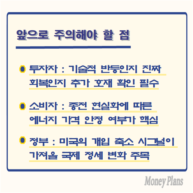 투자자 : 기술적 반등인지 진짜 회복인지 추가 호재 확인 필수, 소비자 : 종전 현실화에 따른 에너지 가격 안정 여부가 핵심, 정부 : 미국의 개입 축소 시그널이 가져올 국제 정세 변화 주목