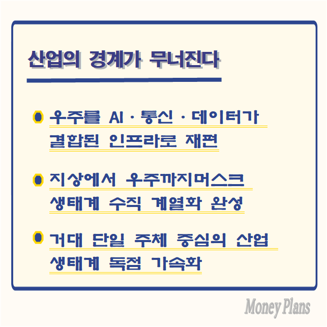우주를 AI·통신·데이터가 결합된 인프라로 재편, 지상에서 우주까지머스크 생태계 수직 계열화 완성, 거대 단일 주체 중심의 산업 생태계 독점 가속화