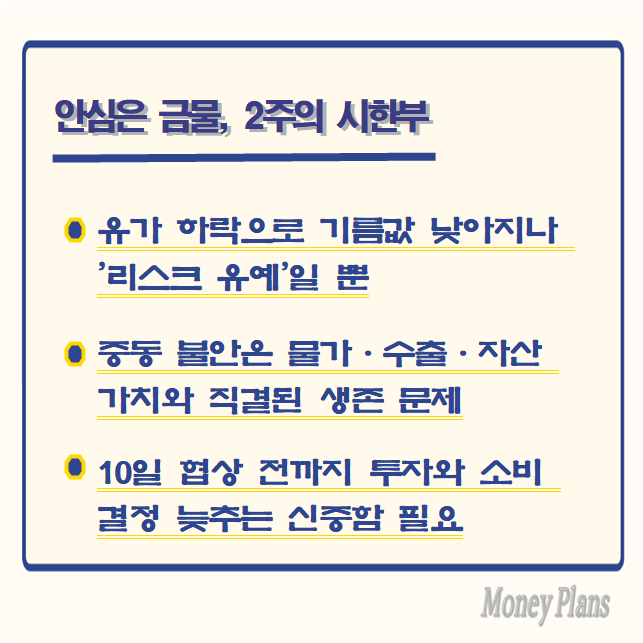 유가 하락으로 기름값 낮아지나 '리스크 유예'일 뿐, 중동 불안은 물가·수출·자산 가치와 직결된 생존 문제, 10일 협상 전까지 투자와 소비 결정 늦추는 신중함 필요