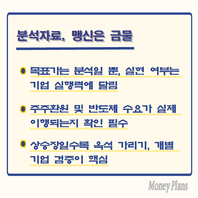 목표가는 분석일 뿐, 실현 여부는 기업 실행력에 달림, 주주환원 및 반도체 수요가 실제 이행되는지 확인 필수, 상승장일수록 옥석 가리기, 개별 기업 검증이 핵심