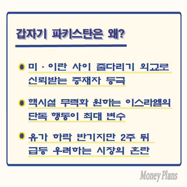 미·이란 사이 줄다리기 외교로 신뢰받는 중재자 등극, 핵시설 무력화 원하는 이스라엘의 단독 행동이 최대 변수, 유가 하락 반기지만 2주 뒤 급등 우려하는 시장의 혼란