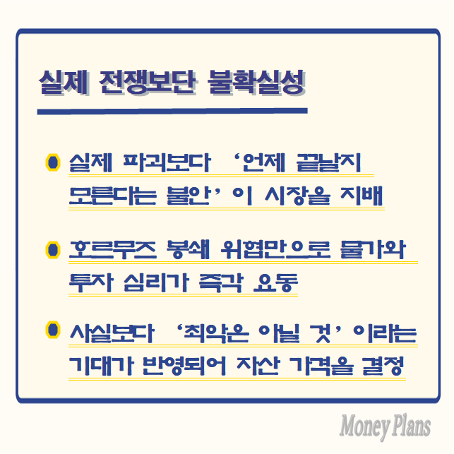 실제 파괴보다 ‘언제 끝날지 모른다는 불안’이 시장을 지배, 호르무즈 봉쇄 위협만으로 물가와 투자 심리가 즉각 요동, 사실보다 ‘최악은 아닐 것’이라는 기대가 반영되어 자산 가격을 결정