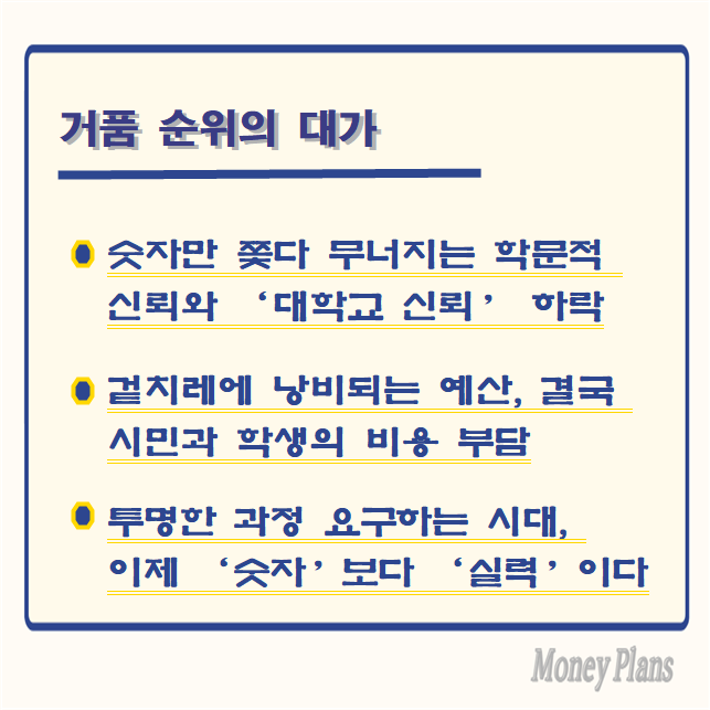 숫자만 쫓다 무너지는 학문적 신뢰와 ‘대학교 신뢰’ 하락, 겉치레에 낭비되는 예산, 결국 시민과 학생의 비용 부담, 투명한 과정 요구하는 시대, 이제 ‘숫자’보다 ‘실력’이다