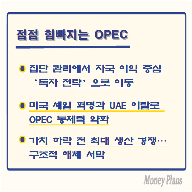 집단 관리에서 자국 이익 중심 ‘독자 전략’으로 이동, 미국 셰일 혁명과 UAE 이탈로 OPEC 통제력 약화, 가치 하락 전 최대 생산 경쟁… 구조적 해체 서막